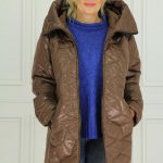 Efektowna damska kurtka zimowa długa brązowa