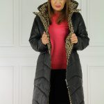 Porządna kurtka zimowa damska płaszcz czarny we wzory