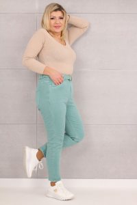 Luźne spodnie damskie bawełniane z paskiem turkusowe