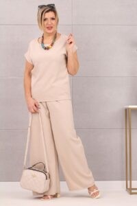 Komplet lniany spodnie bluzka plus size beżowy