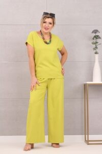 Komplet lniany spodnie bluzka plus size limonka