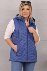 Pikowana kamizelka damska z odpinanym kapturem niebieska