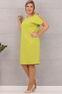 Sukienka z dodatkiem lnu ozdobne przelotki na rękawie limonka