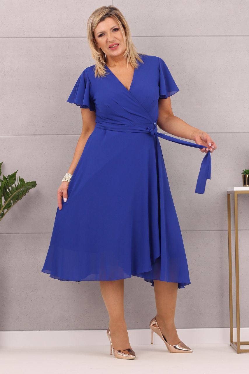 Rozkloszowana sukienka midi wiązana chabrowa