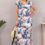 Letnia długa sukienka we wzory palmy niebieska