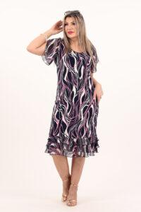 Letnia zwiewna koktajlowa sukienka duże rozmiary w biało-różowe wzory