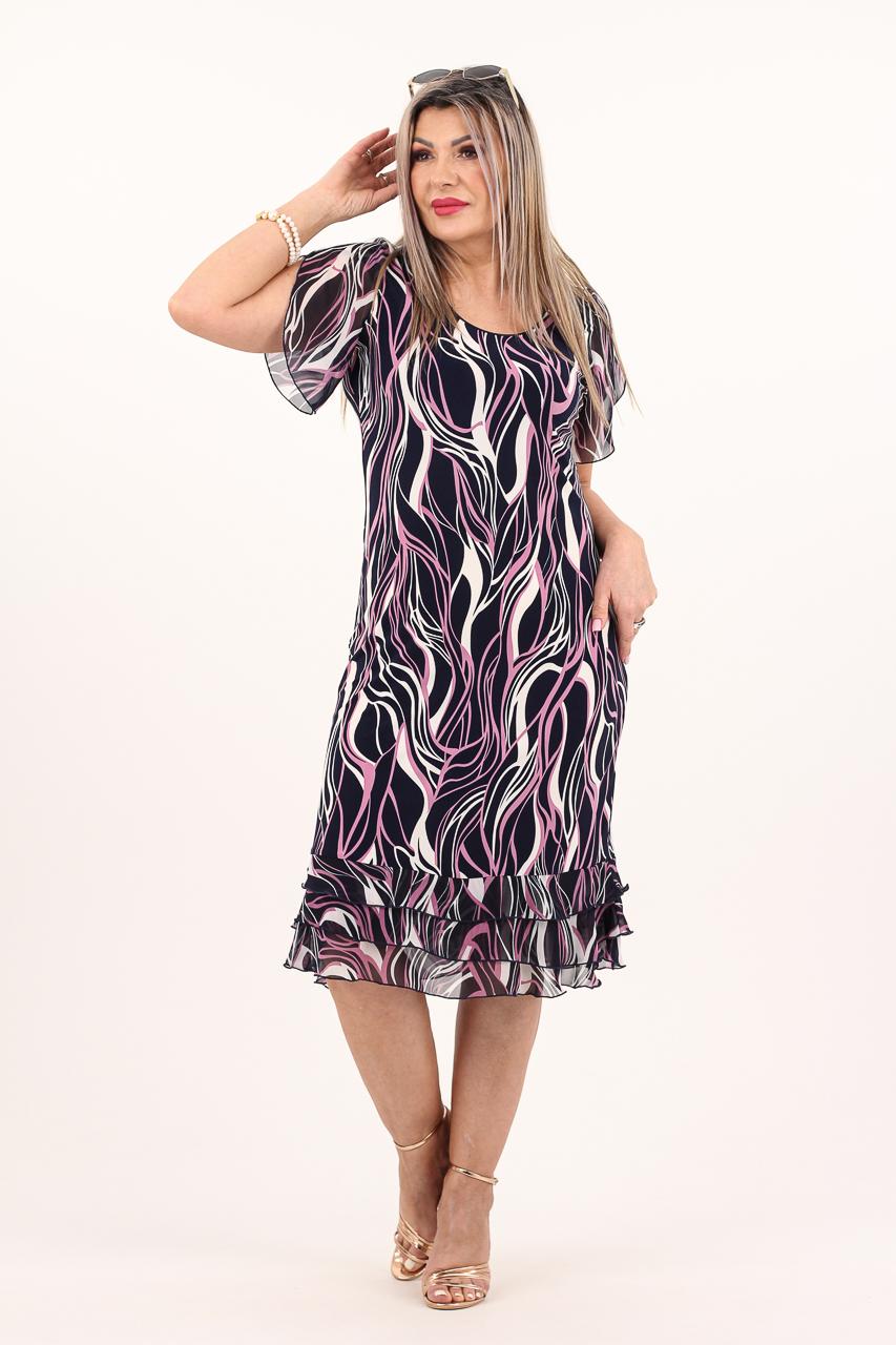 Letnia zwiewna koktajlowa sukienka duże rozmiary w biało-różowe wzory