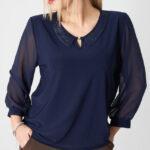 Bluzka plus size granatowa z kołnierzykiem – moda dla puszystych kobiet