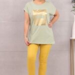 Piękna bluzka damska t-shirt złoty nadruk khaki zielona