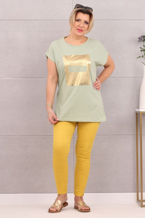 Piękna bluzka damska t-shirt złoty nadruk khaki zielona