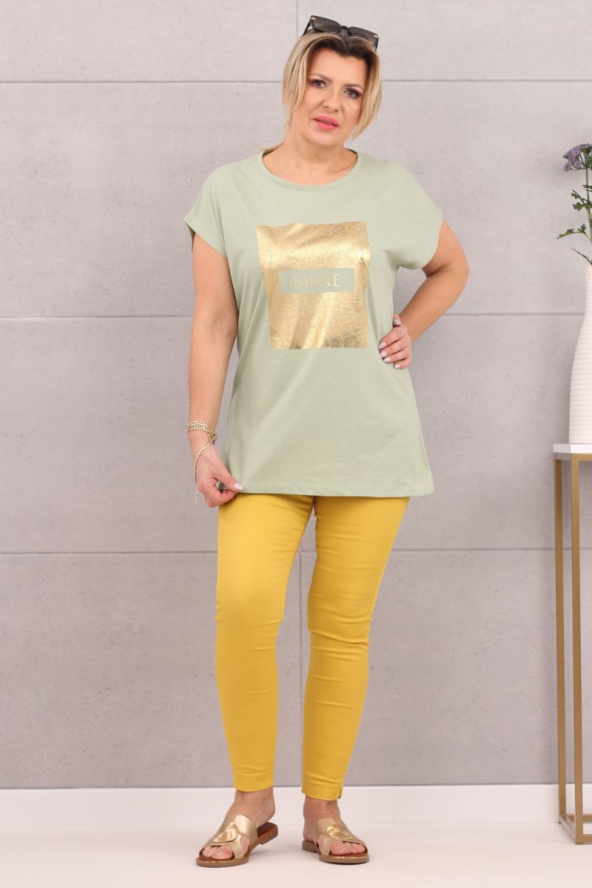 Piękna bluzka damska t-shirt złoty nadruk khaki zielona