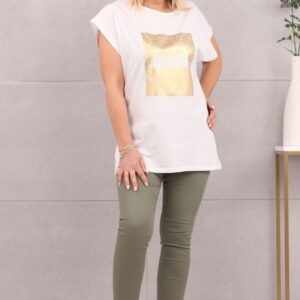 Piękna bluzka damska t-shirt złoty nadruk biała
