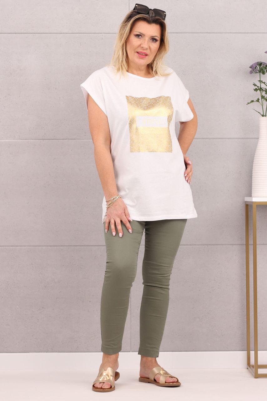 Piękna bluzka damska t-shirt złoty nadruk biała