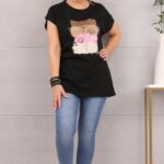 Bluzka damska krótki rękaw t-shirt kwiaty czarne
