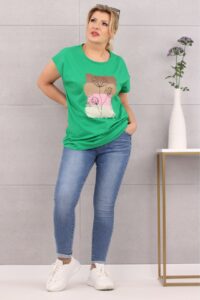 Bluzka damska krótki rękaw t-shirt kwiaty zielone