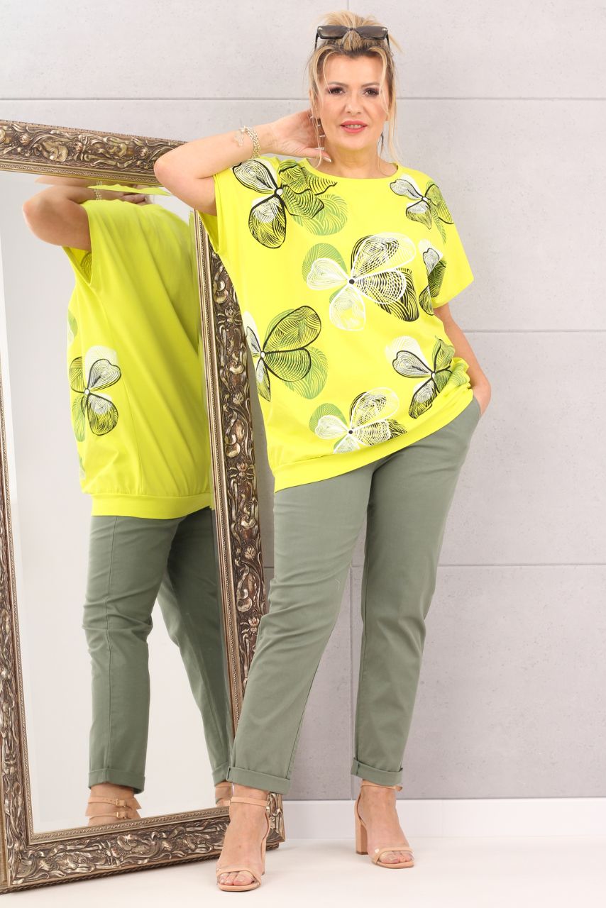 Bluzka oversize we wzory kwiatowe limonkowa