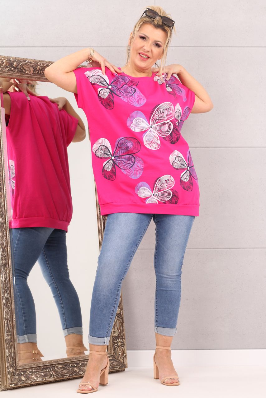 Bluzka oversize we wzory kwiatowe fuksja