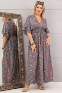 Sukienka maxi boho wzór kwiaty szara