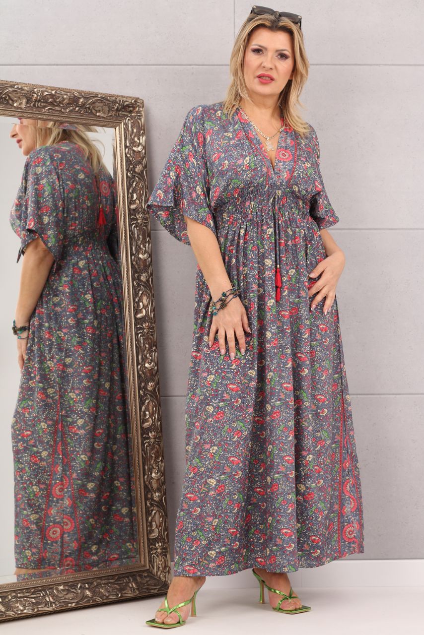 Sukienka maxi boho wzór kwiaty szara