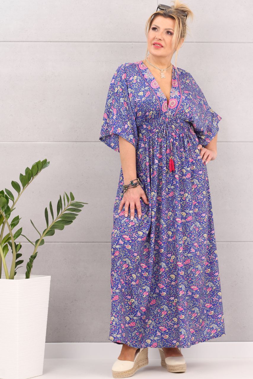 Sukienka maxi boho wzór kwiaty niebieska