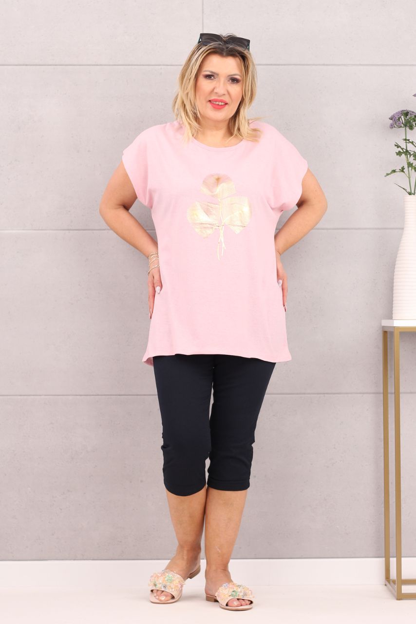 Piękna bluzka damska t-shirt złoty liść różowa