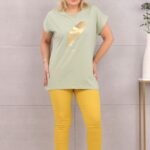 Piękna bluzka damska t-shirt złote piórko zielona
