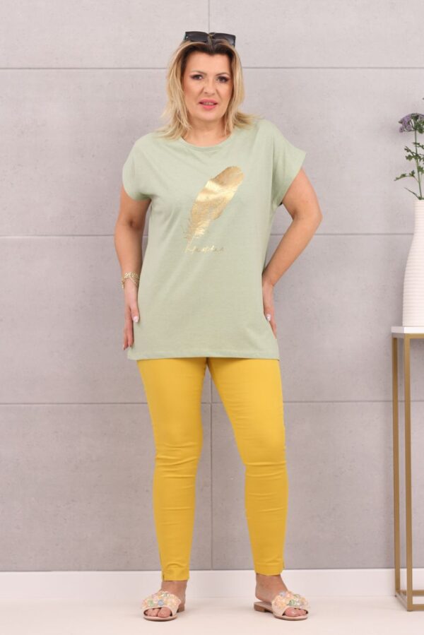 Piękna bluzka damska t-shirt złote piórko zielona