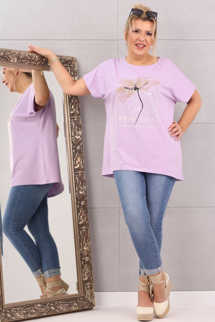 Klasyczna bluzka t-shirt z dżetami w kwiaty fioletowa