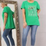 Klasyczna bluzka t-shirt z dżetami w kwiaty zielona