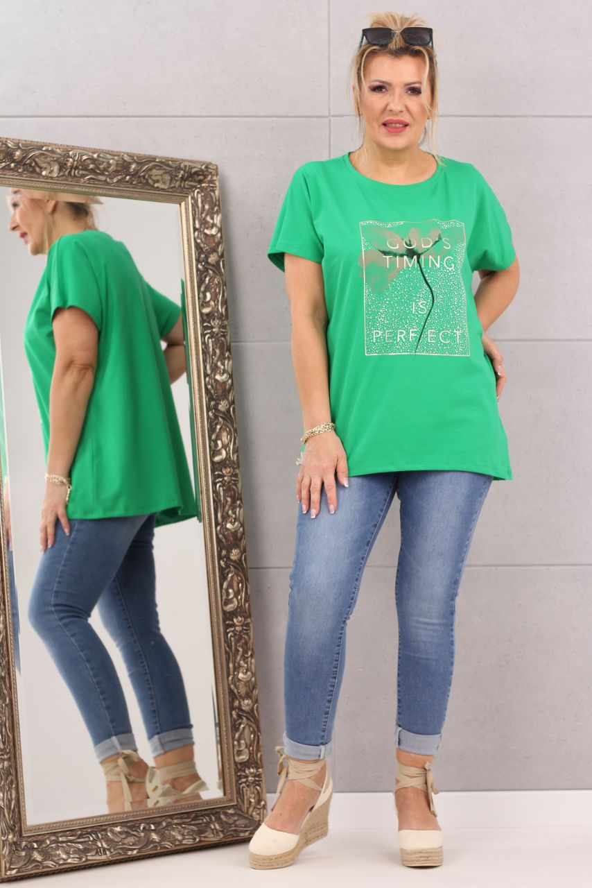 Klasyczna bluzka t-shirt z dżetami w kwiaty zielona