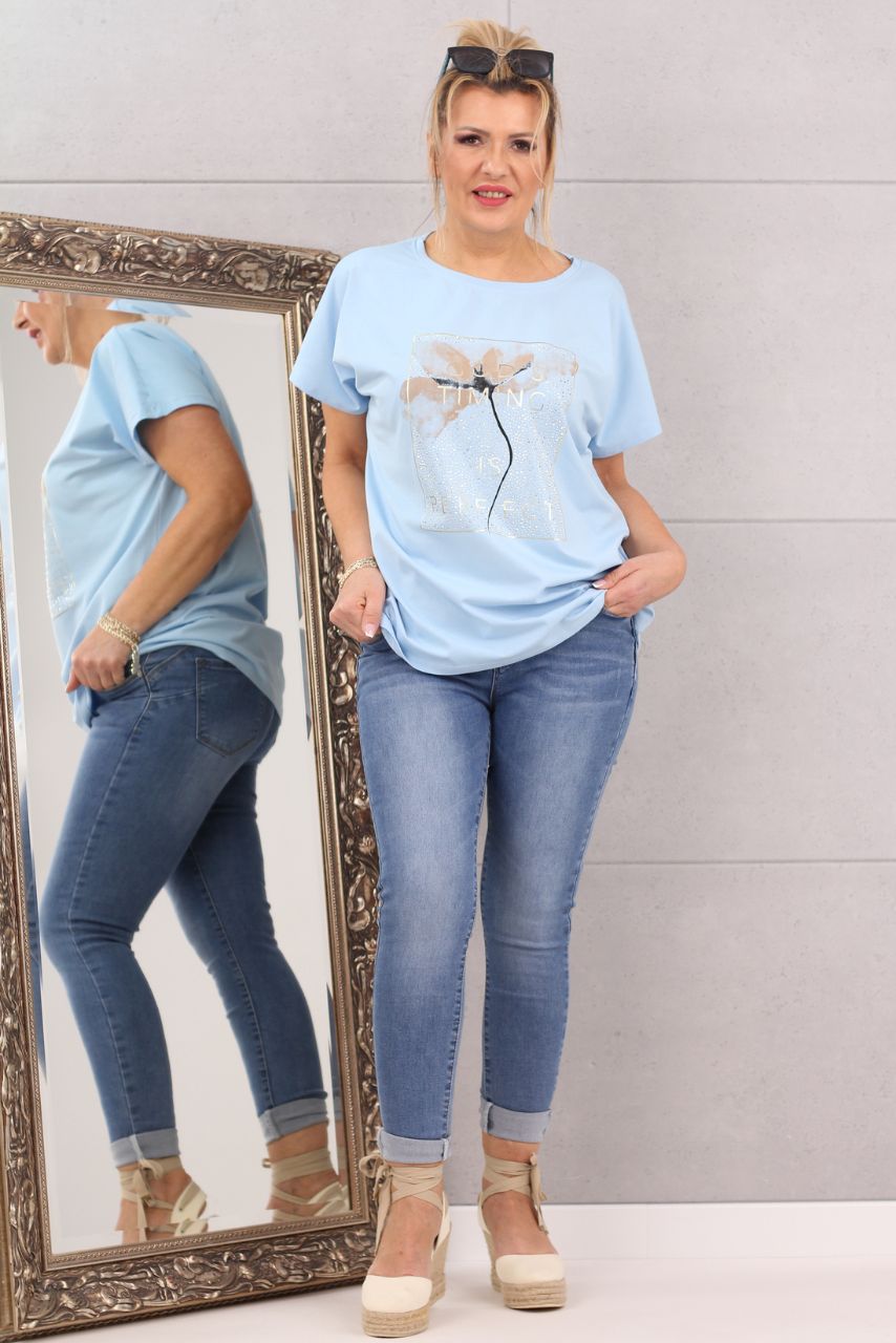 Klasyczna bluzka t-shirt z dżetami w kwiaty błękitna