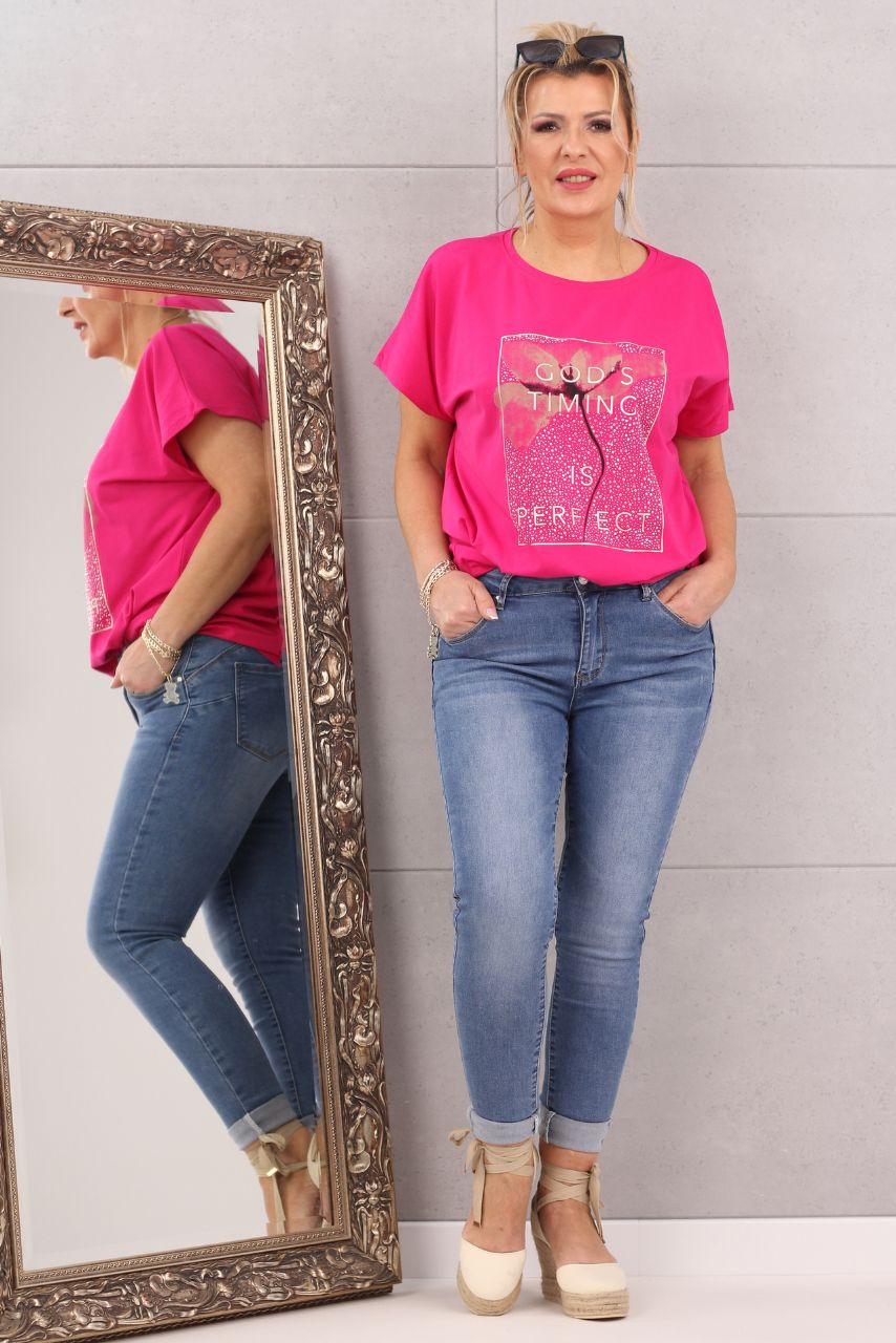 Klasyczna bluzka t-shirt z dżetami w kwiaty fuksja