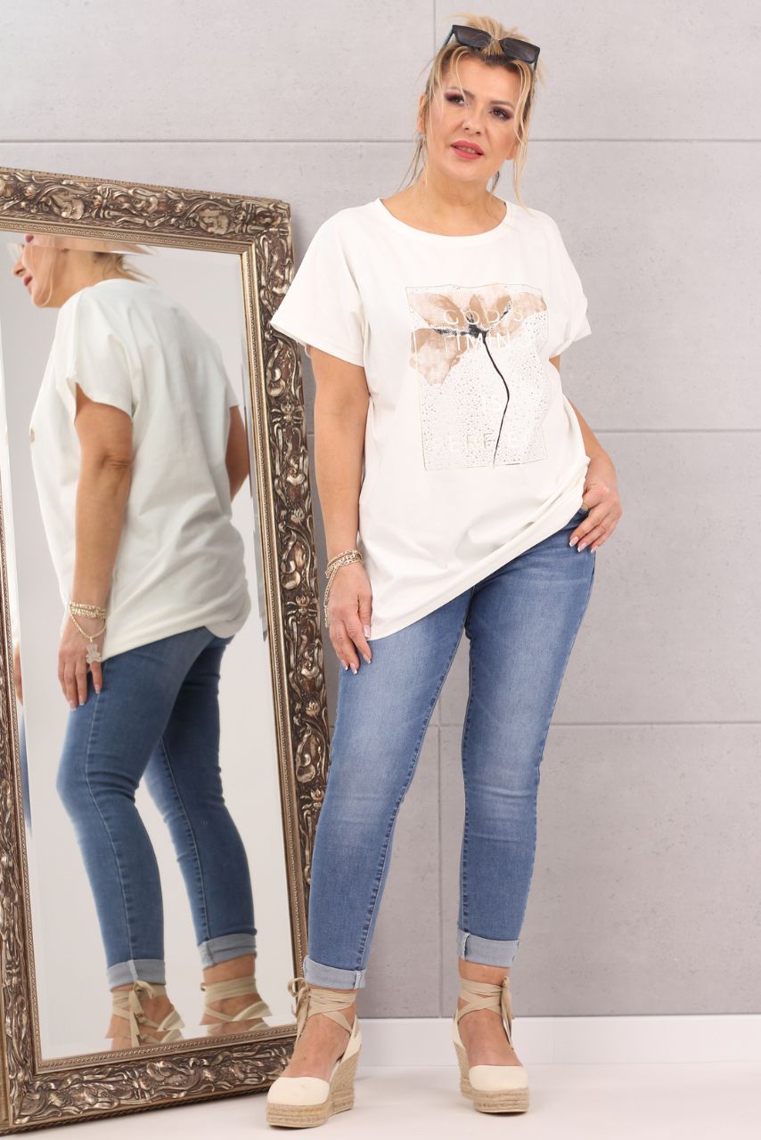 Klasyczna bluzka t-shirt z dżetami w kwiaty ecru