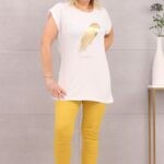 Piękna bluzka damska t-shirt złote piórko biała