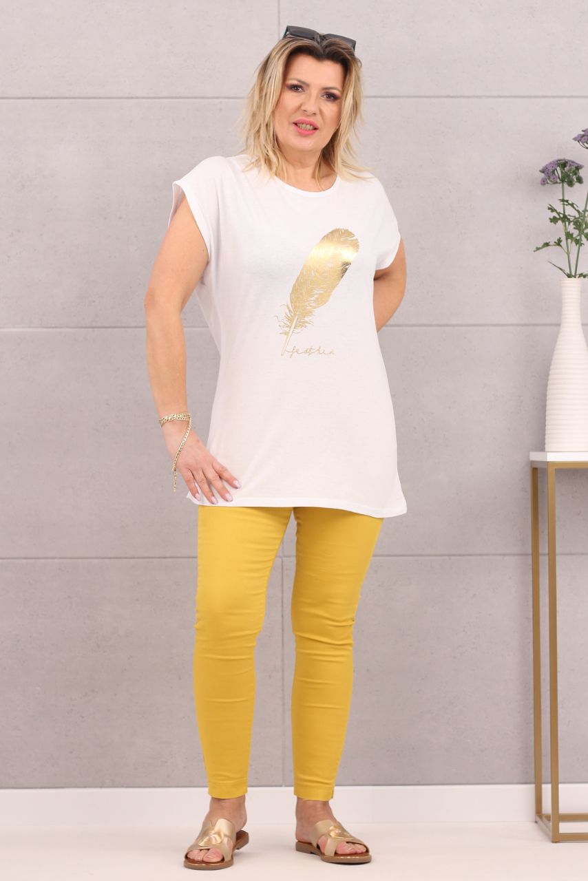 Piękna bluzka damska t-shirt złote piórko biała