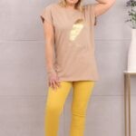 Piękna bluzka damska t-shirt złote piórko beżowa