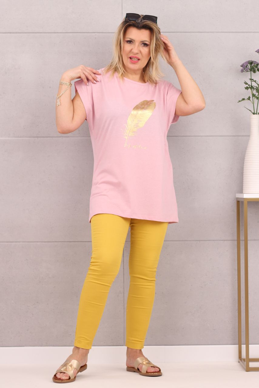 Piękna bluzka damska t-shirt złote piórko różowa