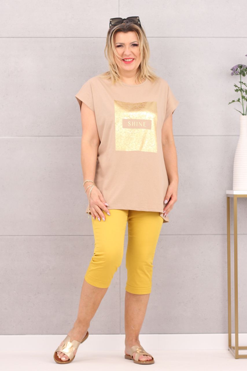 Piękna bluzka damska t-shirt złoty nadruk beżowa