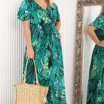 Sukienka długa maxi kopertowa w palmy zielona