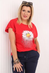 Bluzka damska plus size bawełniana czerwona stokrotka