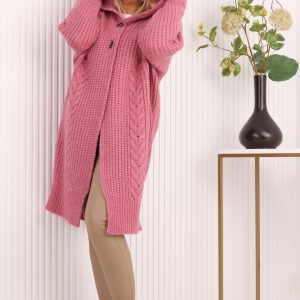 Długi sweter kardigan z kapturem jasno różowy