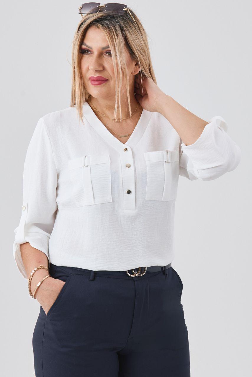 Biała bluzka plus size z dekoltem dla puszystych kobiet, rozmiary 40–50