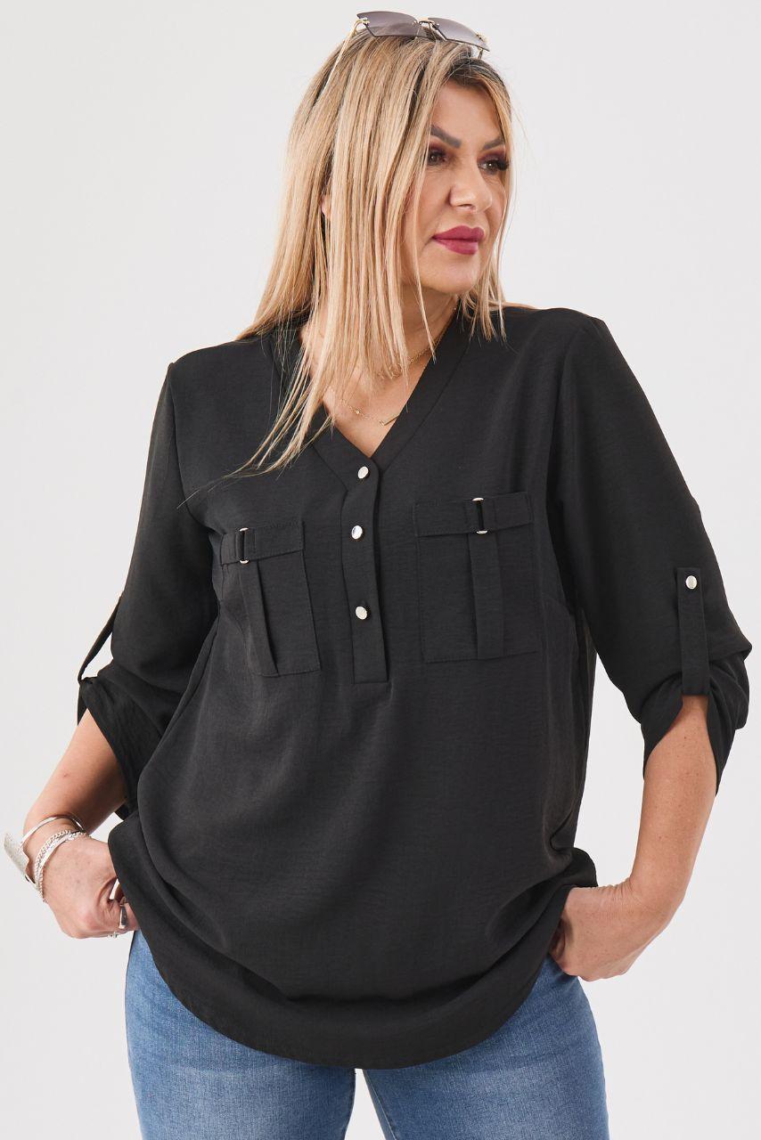 Czarna bluzka plus size z dekoltem dla puszystych kobiet, rozmiary 40–50