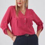 Różowa bluzka plus size z dekoltem dla puszystych kobiet, rozmiary 40–50
