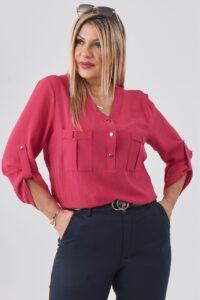 Różowa bluzka plus size z dekoltem dla puszystych kobiet, rozmiary 40–50