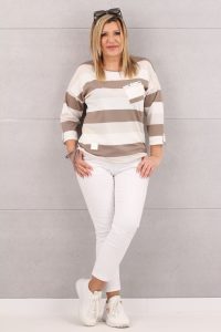 Bluzka w paski z wiązaniem na dole biało-beżowa
