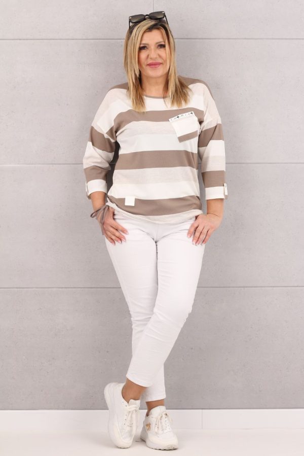 Bluzka w paski z wiązaniem na dole biało-beżowa