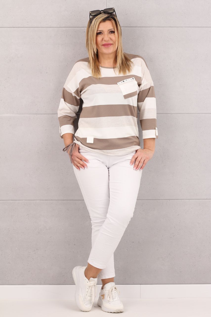 Bluzka w paski z wiązaniem na dole biało-beżowa