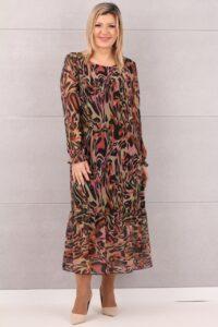 Wzorzysta sukienka do połowy łydki brązowa