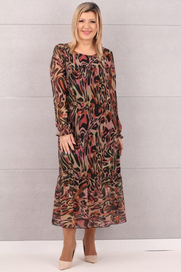 Wzorzysta sukienka do połowy łydki brązowa